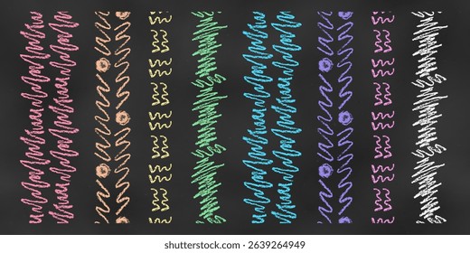 Set of Vertical Seamless Borders Chalk Drawn Sketches of Scribbles. Rainbow Row of Textural Crayon Drawings of Endless Borders Patterns  for Cards, Banners, Covers, Postcards, Envelopes, Forms.