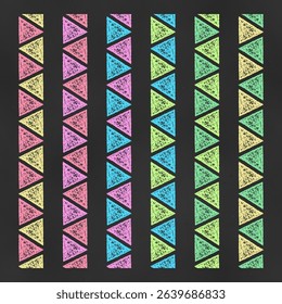 Set of Vertical Seamless Borders Chalk Drawn Sketches of Colorful Triangles. Collection of Textural Crayon Drawings of Endless Ornaments for Cards, Banners, Covers, Postcards, Envelopes, Forms.