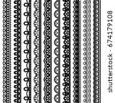 Set of vertical seamless borders for design. Black laced silhouette isolated on white background. Vector illustration.