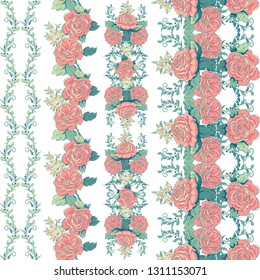 Set of vertical seamless borders. Pattern with french garden roses
