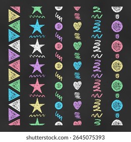 Set of Vertical Seamless Colorful Borders Chalk Drawn Sketches of Figures. Kit of Textural Crayon Drawings of Endless Rainbow Patterns for Cards, Banners, Covers, Postcards, Envelopes, Forms.