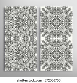 Set of vertical seamless doodle sketch patterns. Vector black and white stylish line repeating texture, geometric backgrounds. Contemporary graphic design. Tribal ethnic arabic, indian ornament