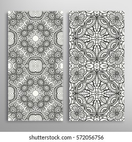 Set of vertical seamless doodle sketch patterns. Vector black and white stylish line repeating texture, geometric backgrounds. Contemporary graphic design. Tribal ethnic arabic, indian ornament