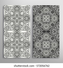 Set of vertical seamless doodle sketch patterns. Vector black and white stylish line repeating texture, geometric backgrounds. Contemporary graphic design. Tribal ethnic arabic, indian ornament