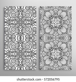 Set of vertical seamless doodle sketch patterns. Vector black and white stylish line repeating texture, geometric backgrounds. Contemporary graphic design. Tribal ethnic arabic, indian ornament