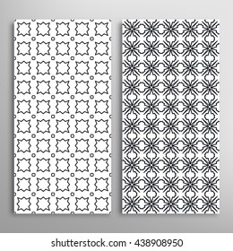 Set of vertical seamless geometric line patterns. Vector black and white stylish repeating texture, lace backgrounds. Contemporary graphic design. Tribal ethnic arabic, indian, mexican ornaments