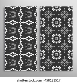 Set of vertical seamless geometric line patterns. Vector black and white stylish repeating texture, lace backgrounds. Contemporary graphic design. Tribal ethnic arabic, indian, mexican ornaments