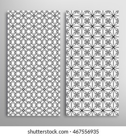 Set of vertical seamless geometric line patterns. Vector black and white stylish repeating texture, lace backgrounds. Contemporary graphic design. Tribal ethnic arabic, indian, mexican ornaments