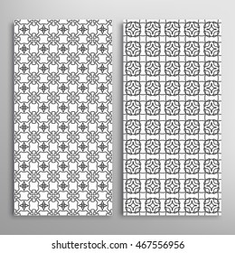 Set of vertical seamless geometric line patterns. Vector black and white stylish repeating texture, lace backgrounds. Contemporary graphic design. Tribal ethnic arabic, indian, mexican ornaments