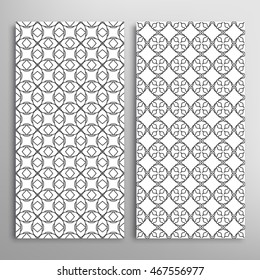 Set of vertical seamless geometric line patterns. Vector black and white stylish repeating texture, lace backgrounds. Contemporary graphic design. Tribal ethnic arabic, indian, mexican ornaments