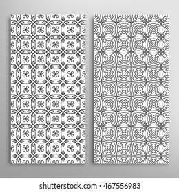 Set of vertical seamless geometric line patterns. Vector black and white stylish repeating texture, lace backgrounds. Contemporary graphic design. Tribal ethnic arabic, indian, mexican ornaments