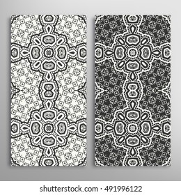 Set of vertical seamless geometric line patterns. Vector black and white stylish repeating texture, lace backgrounds. Contemporary graphic design. Tribal ethnic arabic, indian, mexican ornaments