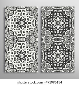 Set of vertical seamless geometric line patterns. Vector black and white stylish repeating texture, lace backgrounds. Contemporary graphic design. Tribal ethnic arabic, indian, mexican ornaments