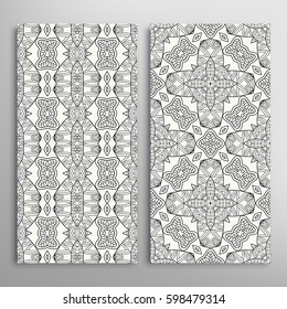 Set of vertical seamless geometric line patterns. Vector black and white stylish repeating texture, lace backgrounds. Contemporary graphic design. Tribal ethnic arabic, indian, mexican ornaments
