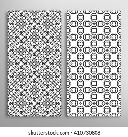 Set of vertical seamless geometric patterns. Black and white stylish repeating texture. Contemporary graphic design. Tribal ethnic hand drawn pattern and line background. Vector monochrome collection