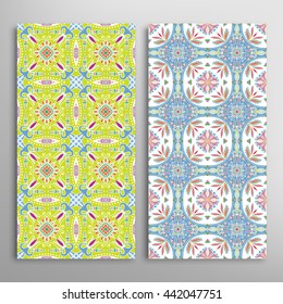 Set of vertical seamless geometric patterns. Vector color stylish fabric repeating texture, seamless backgrounds collection. Contemporary graphic design. Tribal ethnic arabic, indian, mexican ornament