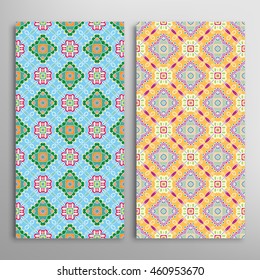 Set of vertical seamless geometric patterns. Vector color stylish fabric repeating texture, seamless backgrounds collection. Contemporary graphic design. Tribal ethnic arabic, indian, mexican ornament