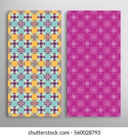 Set of vertical seamless geometric patterns. Vector color stylish fabric repeating texture, seamless backgrounds collection. Contemporary graphic design. Tribal ethnic arabic, indian, mexican ornament