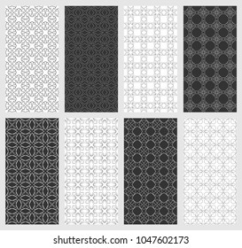 Set of vertical seamless line patterns. Black and white geometric backgrounds collection. Endless repeating linear texture for wallpaper, packaging, banners, invitations, business cards, fabric print