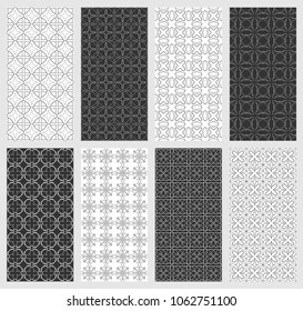 Set of vertical seamless line patterns. Black and white geometric backgrounds collection. Endless repeating linear texture for wallpaper, packaging, banners, invitations, business cards, fabric print