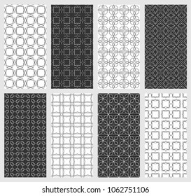 Set of vertical seamless line patterns. Black and white geometric backgrounds collection. Endless repeating linear texture for wallpaper, packaging, banners, invitations, business cards, fabric print