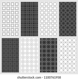 Set of vertical seamless line patterns. Black and white geometric backgrounds collection. Endless repeating linear texture for wallpaper, packaging, banners, invitations, business cards, fabric print
