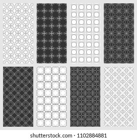 Set of vertical seamless line patterns. Black and white geometric backgrounds collection. Endless repeating linear texture for wallpaper, packaging, banners, invitations, business cards, fabric print