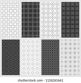 Set of vertical seamless line patterns. Black and white geometric backgrounds collection. Endless repeating linear texture for wallpaper, packaging, banners, invitations, business cards, fabric print