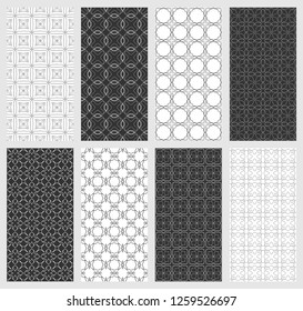 Set of vertical seamless line patterns. Black and white geometric backgrounds collection. Endless repeating linear texture for wallpaper, packaging, banners, invitations, business cards, fabric print