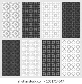 Set of vertical seamless line patterns. Black and white geometric backgrounds collection. Endless repeating linear texture for wallpaper, packaging, banners, invitations, business cards, fabric print