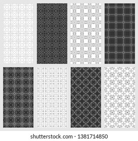 Set of vertical seamless line patterns. Black and white geometric backgrounds collection. Endless repeating linear texture for wallpaper, packaging, banners, invitations, business cards, fabric print