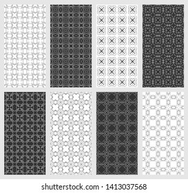 Set of vertical seamless line patterns. Black and white geometric backgrounds collection. Endless repeating linear texture for wallpaper, packaging, banners, invitations, business cards, fabric print