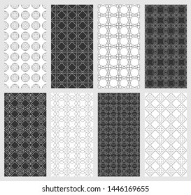 Set of vertical seamless line patterns. Black and white geometric backgrounds collection. Endless repeating linear texture for wallpaper, packaging, banners, invitations, business cards, fabric print