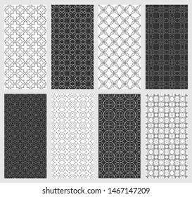 Set of vertical seamless line patterns. Black and white geometric backgrounds collection. Endless repeating linear texture for wallpaper, packaging, banners, invitations, business cards, fabric print
