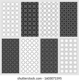 Set of vertical seamless line patterns. Black and white geometric backgrounds collection. Endless repeating linear texture for wallpaper, packaging, banners, invitations, business cards, fabric print