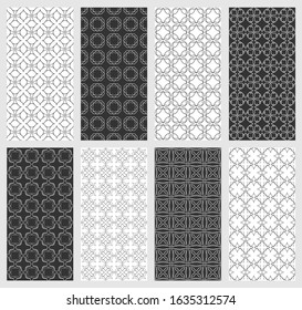Set of vertical seamless line patterns. Black and white geometric backgrounds collection. Endless repeating linear texture for wallpaper, packaging, banners, invitations, business cards, fabric print