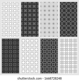 Set of vertical seamless line patterns. Black and white geometric backgrounds collection. Endless repeating linear texture for wallpaper, packaging, banners, invitations, business cards, fabric print