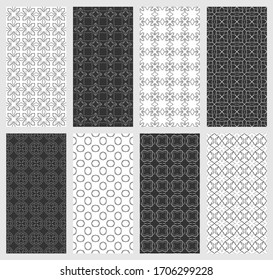 Set of vertical seamless line patterns. Black and white geometric backgrounds collection. Endless repeating linear texture for wallpaper, packaging, banners, invitations, business cards, fabric print