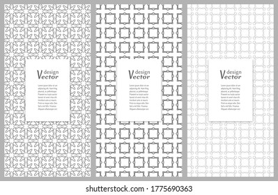 Satz von vertikalen, nahtlosen Zeilenmustern. Kollektion mit geometrischen, schwarz-weißen Hintergründen. Endlos wiederholte lineare Struktur für Bildschirmhintergründe, Verpackungen, Banner, Einladungen, Visitenkarten, Stoffdruck