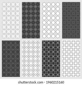 Set of vertical seamless line patterns. Black and white geometric backgrounds collection. Endless repeating linear texture for wallpaper, packaging, banners, invitations, business cards, fabric print