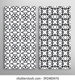 Set of vertical seamless line patterns. Vector black and white stylish geometric repeating texture. Contemporary graphic design. Tribal ethnic ornament, monochrome background