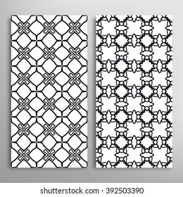 Set of vertical seamless line patterns. Vector black and white stylish geometric repeating texture. Contemporary graphic design. Tribal ethnic ornament, monochrome background
