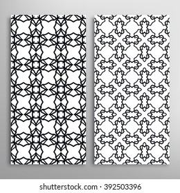 Set of vertical seamless line patterns. Vector black and white stylish geometric repeating texture. Contemporary graphic design. Tribal ethnic ornament, monochrome background