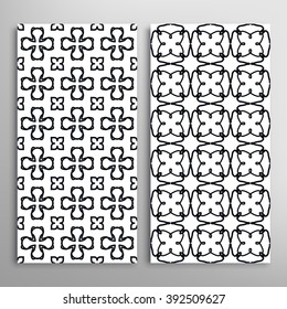 Set of vertical seamless line patterns. Vector black and white stylish geometric repeating texture. Contemporary graphic design. Tribal ethnic ornament, monochrome background