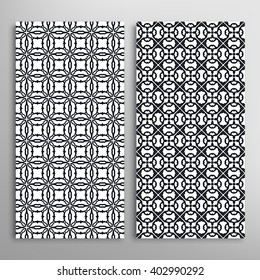 Set of vertical seamless line patterns. Vector black and white stylish geometric repeating texture. Contemporary graphic design. Tribal ethnic ornament, monochrome background
