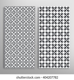 Set of vertical seamless line patterns. Vector black and white stylish geometric repeating texture. Contemporary graphic design. Tribal ethnic ornament, monochrome background
