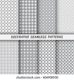 Set of vertical seamless line patterns. Vector black and white stylish geometric repeating texture. Contemporary graphic design. Tribal ethnic ornament, monochrome background