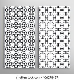 Set of vertical seamless line patterns. Vector black and white stylish geometric repeating texture. Contemporary graphic design. Tribal ethnic ornament, monochrome background