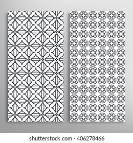Set of vertical seamless line patterns. Vector black and white stylish geometric repeating texture. Contemporary graphic design. Tribal ethnic ornament, monochrome background