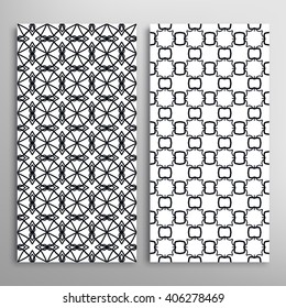 Set of vertical seamless line patterns. Vector black and white stylish geometric repeating texture. Contemporary graphic design. Tribal ethnic ornament, monochrome background
